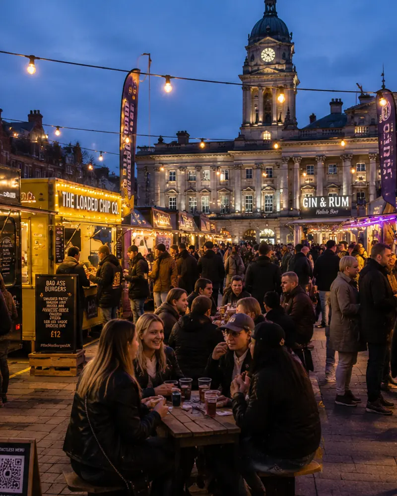 A night street-food market in a town square, stalls glowing under festoon lights.