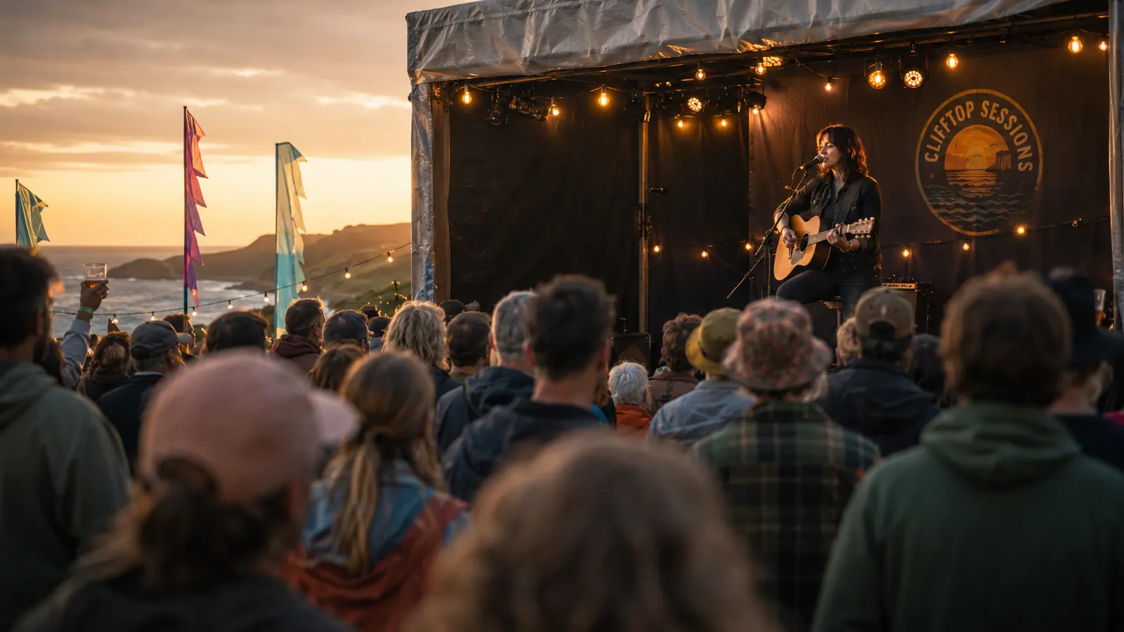 An outdoor coastal stage at golden hour, a singer playing to a festival crowd above the sea.