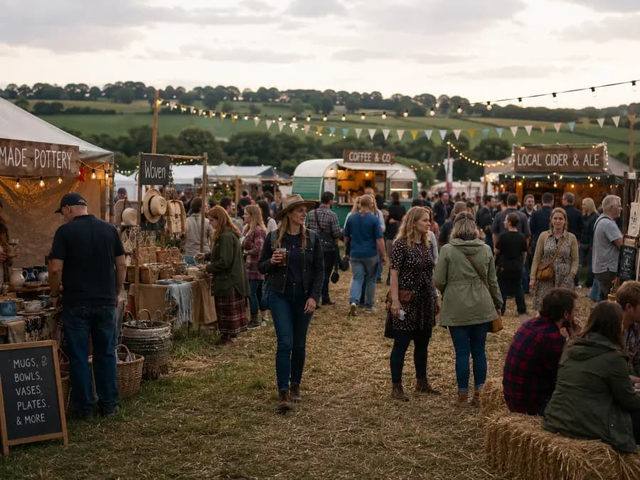 Handmade pottery and craft stalls under bunting at a field event.