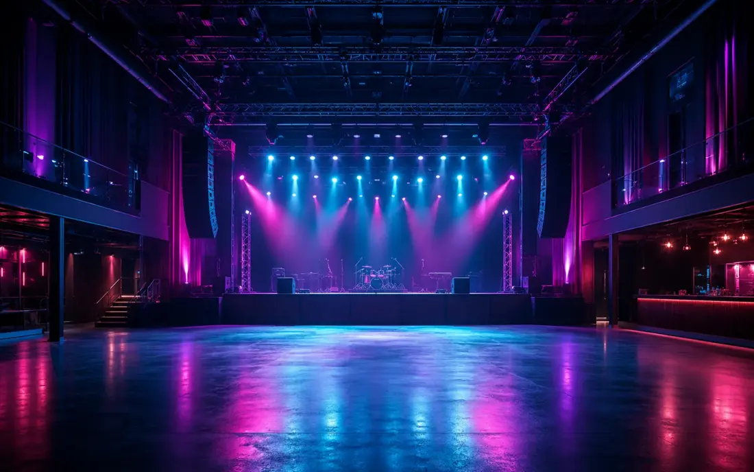 A full-size music venue with a lit stage and balcony, ready for doors.