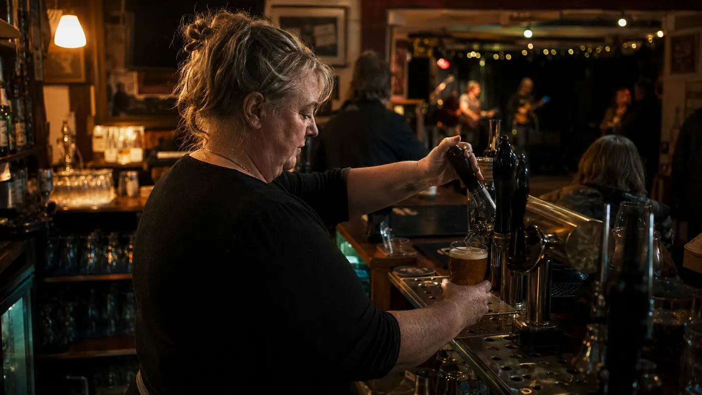 A landlady pouring a pint behind the bar while a band plays at the far end of the room.